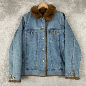 Vintage Denim & Co Denim Jacket Women Medium Blue Faux Fur Lined Trim Y2K